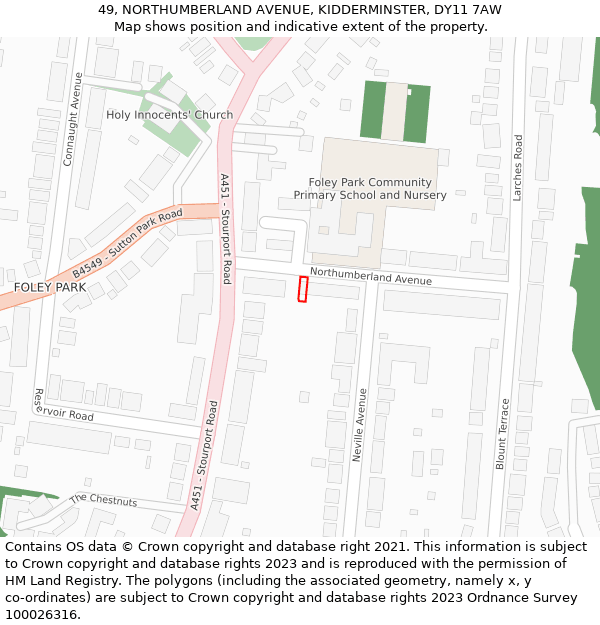 49, NORTHUMBERLAND AVENUE, KIDDERMINSTER, DY11 7AW: Location map and indicative extent of plot
