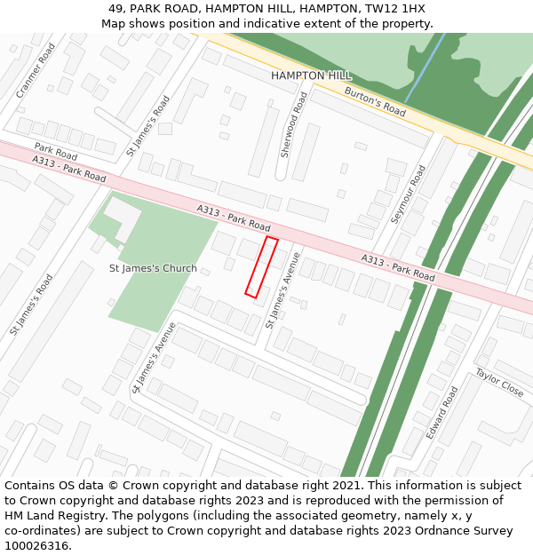 49, PARK ROAD, HAMPTON HILL, HAMPTON, TW12 1HX: Location map and indicative extent of plot