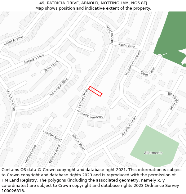 49, PATRICIA DRIVE, ARNOLD, NOTTINGHAM, NG5 8EJ: Location map and indicative extent of plot