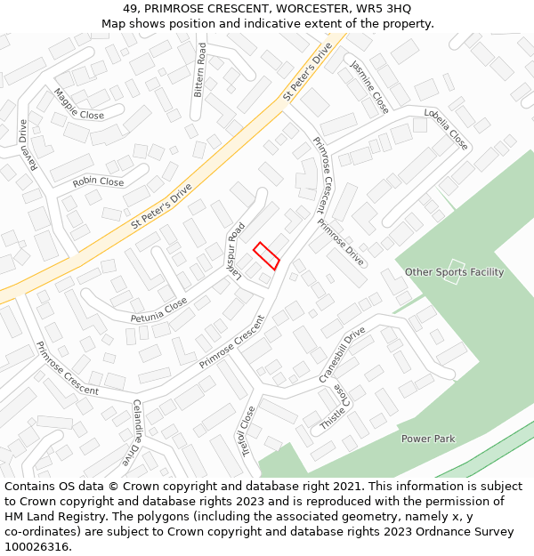49, PRIMROSE CRESCENT, WORCESTER, WR5 3HQ: Location map and indicative extent of plot