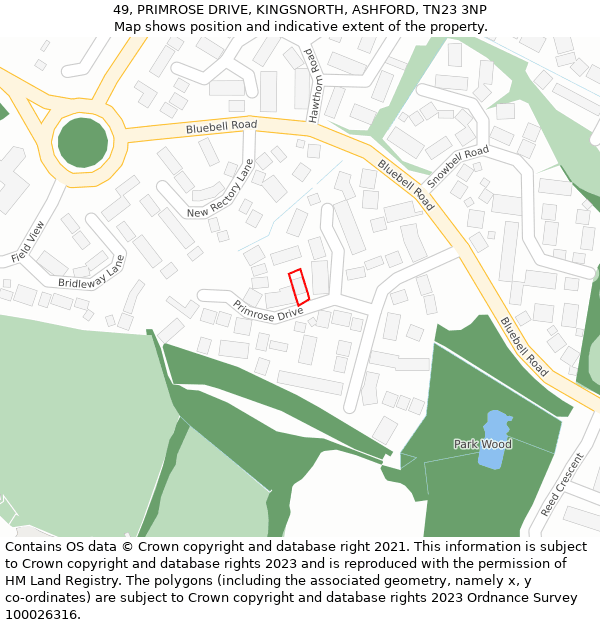 49, PRIMROSE DRIVE, KINGSNORTH, ASHFORD, TN23 3NP: Location map and indicative extent of plot