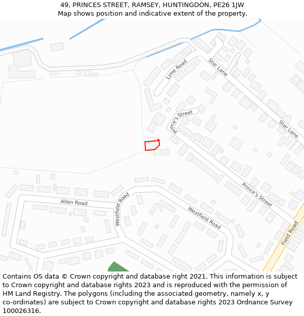 49, PRINCES STREET, RAMSEY, HUNTINGDON, PE26 1JW: Location map and indicative extent of plot