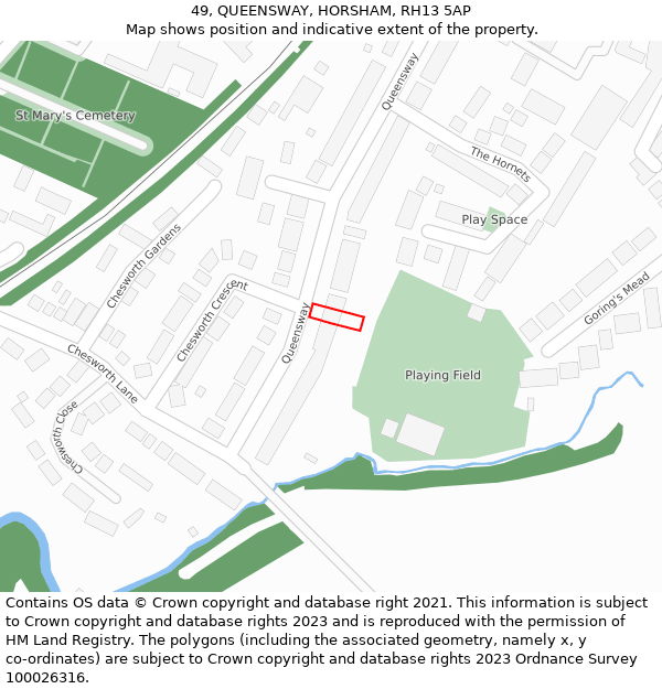 49, QUEENSWAY, HORSHAM, RH13 5AP: Location map and indicative extent of plot