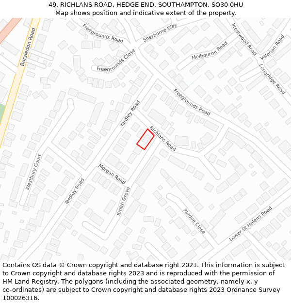 49, RICHLANS ROAD, HEDGE END, SOUTHAMPTON, SO30 0HU: Location map and indicative extent of plot