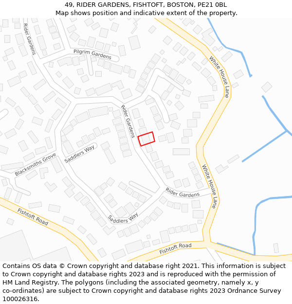 49, RIDER GARDENS, FISHTOFT, BOSTON, PE21 0BL: Location map and indicative extent of plot