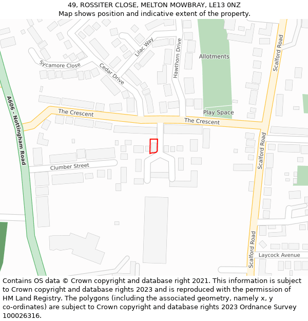 49, ROSSITER CLOSE, MELTON MOWBRAY, LE13 0NZ: Location map and indicative extent of plot