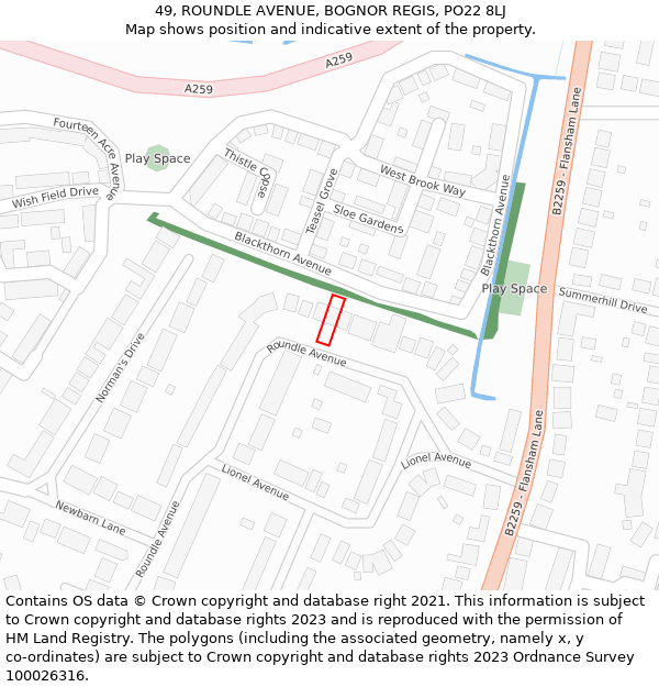 49, ROUNDLE AVENUE, BOGNOR REGIS, PO22 8LJ: Location map and indicative extent of plot