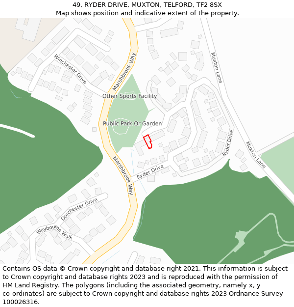 49, RYDER DRIVE, MUXTON, TELFORD, TF2 8SX: Location map and indicative extent of plot