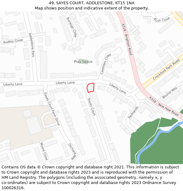 49, SAYES COURT, ADDLESTONE, KT15 1NA: Location map and indicative extent of plot