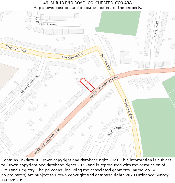 49, SHRUB END ROAD, COLCHESTER, CO3 4RA: Location map and indicative extent of plot