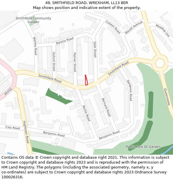 49, SMITHFIELD ROAD, WREXHAM, LL13 8ER: Location map and indicative extent of plot