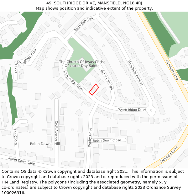 49, SOUTHRIDGE DRIVE, MANSFIELD, NG18 4RJ: Location map and indicative extent of plot