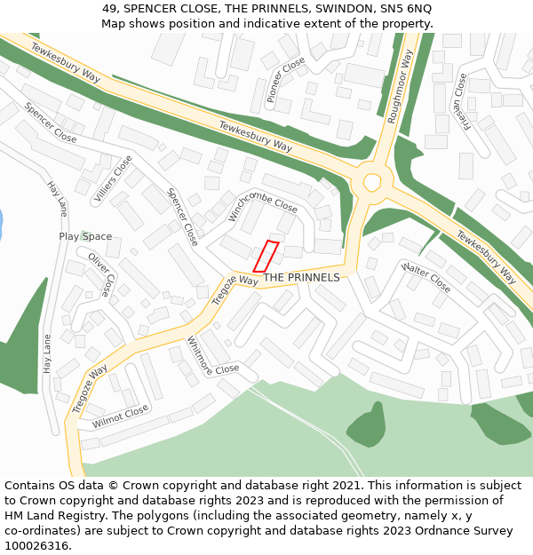 49, SPENCER CLOSE, THE PRINNELS, SWINDON, SN5 6NQ: Location map and indicative extent of plot