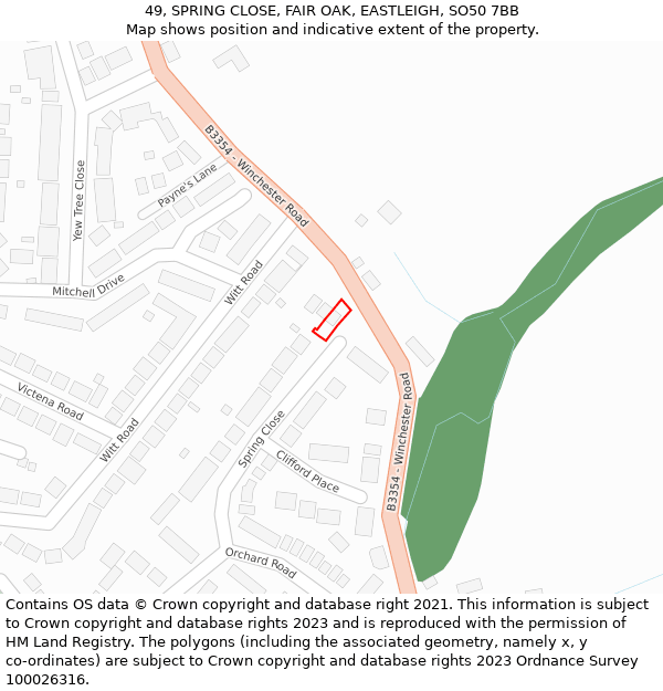 49, SPRING CLOSE, FAIR OAK, EASTLEIGH, SO50 7BB: Location map and indicative extent of plot