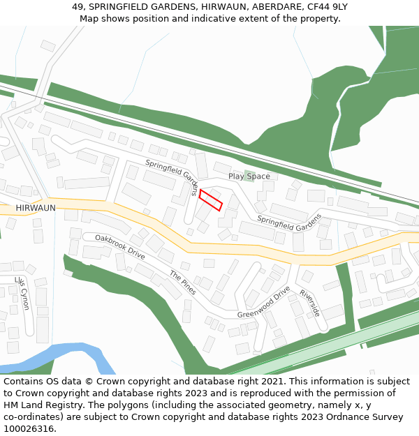 49, SPRINGFIELD GARDENS, HIRWAUN, ABERDARE, CF44 9LY: Location map and indicative extent of plot