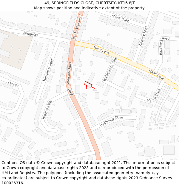 49, SPRINGFIELDS CLOSE, CHERTSEY, KT16 8JT: Location map and indicative extent of plot