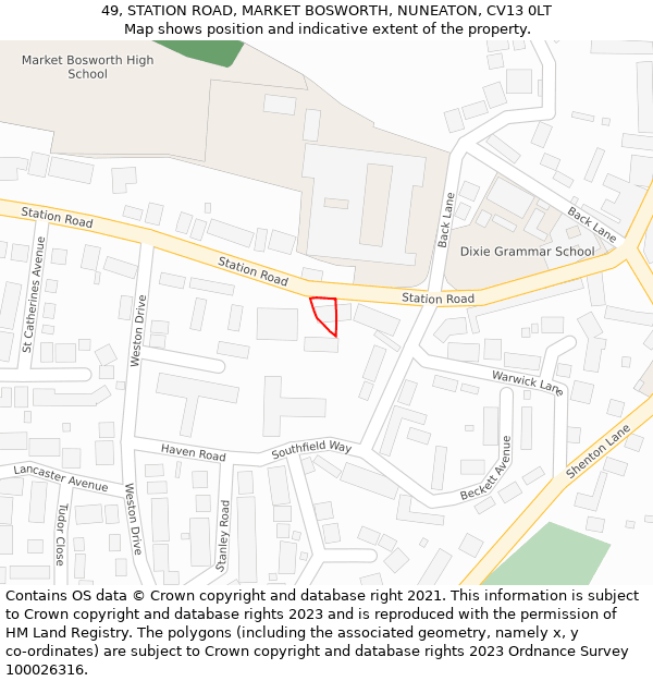 49, STATION ROAD, MARKET BOSWORTH, NUNEATON, CV13 0LT: Location map and indicative extent of plot