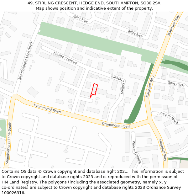 49, STIRLING CRESCENT, HEDGE END, SOUTHAMPTON, SO30 2SA: Location map and indicative extent of plot