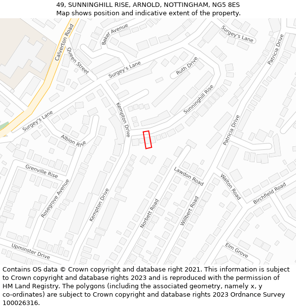 49, SUNNINGHILL RISE, ARNOLD, NOTTINGHAM, NG5 8ES: Location map and indicative extent of plot