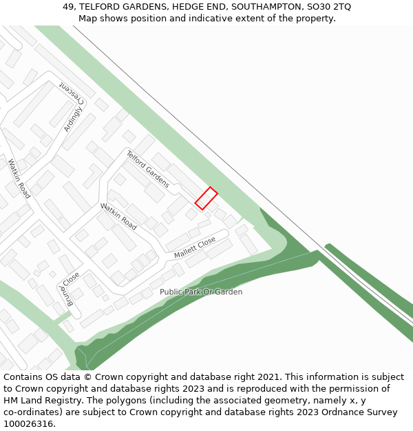 49, TELFORD GARDENS, HEDGE END, SOUTHAMPTON, SO30 2TQ: Location map and indicative extent of plot