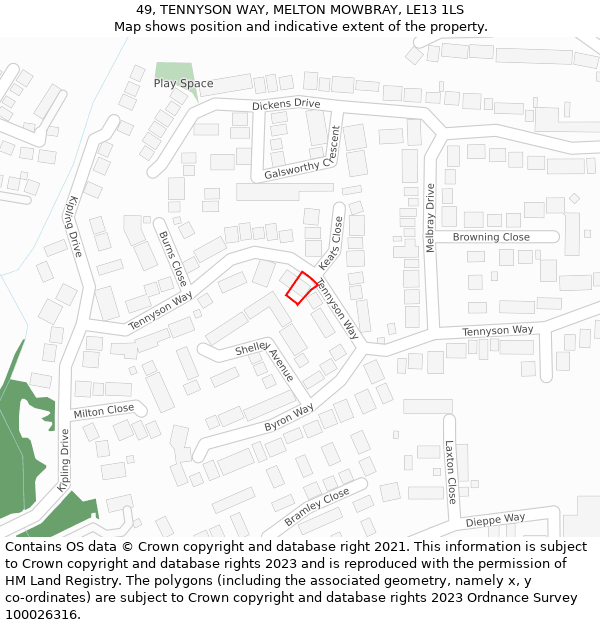 49, TENNYSON WAY, MELTON MOWBRAY, LE13 1LS: Location map and indicative extent of plot