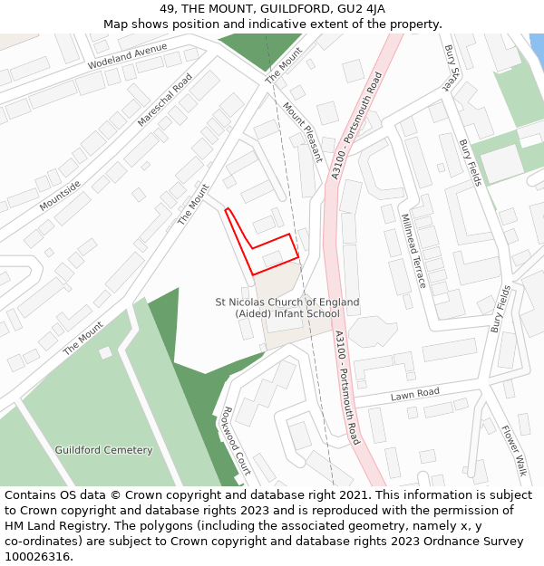 49, THE MOUNT, GUILDFORD, GU2 4JA: Location map and indicative extent of plot