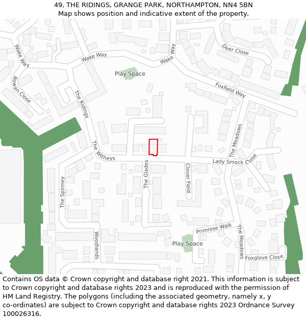 49, THE RIDINGS, GRANGE PARK, NORTHAMPTON, NN4 5BN: Location map and indicative extent of plot