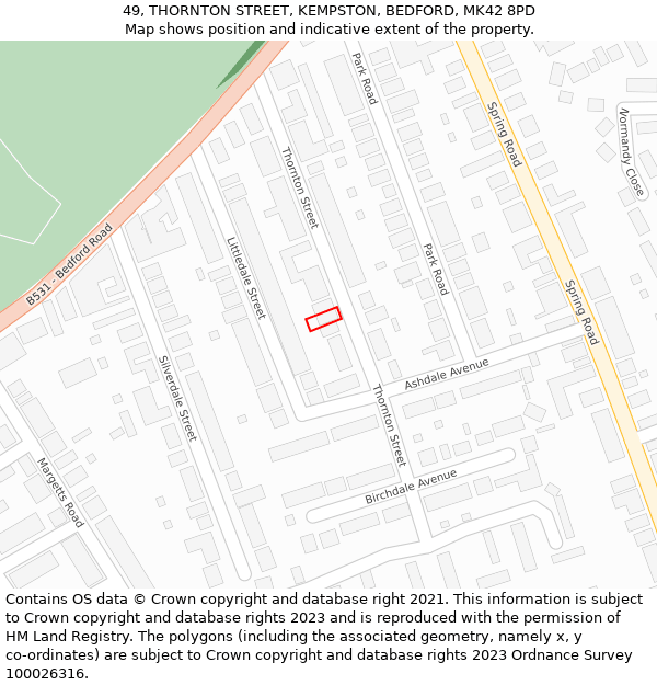 49, THORNTON STREET, KEMPSTON, BEDFORD, MK42 8PD: Location map and indicative extent of plot