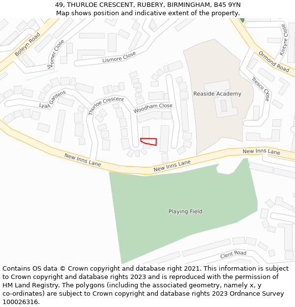 49, THURLOE CRESCENT, RUBERY, BIRMINGHAM, B45 9YN: Location map and indicative extent of plot