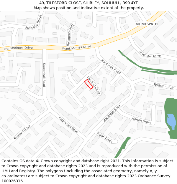 49, TILESFORD CLOSE, SHIRLEY, SOLIHULL, B90 4YF: Location map and indicative extent of plot