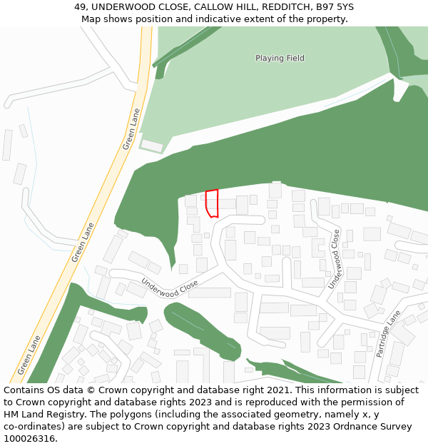 49, UNDERWOOD CLOSE, CALLOW HILL, REDDITCH, B97 5YS: Location map and indicative extent of plot