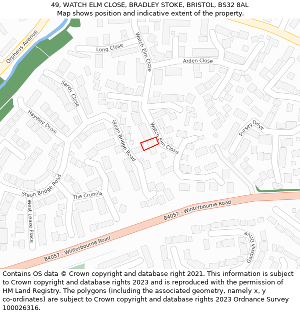 49, WATCH ELM CLOSE, BRADLEY STOKE, BRISTOL, BS32 8AL: Location map and indicative extent of plot