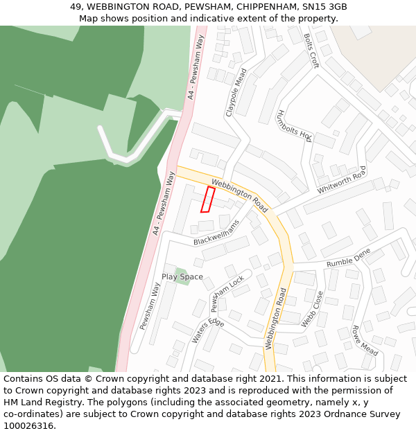 49, WEBBINGTON ROAD, PEWSHAM, CHIPPENHAM, SN15 3GB: Location map and indicative extent of plot