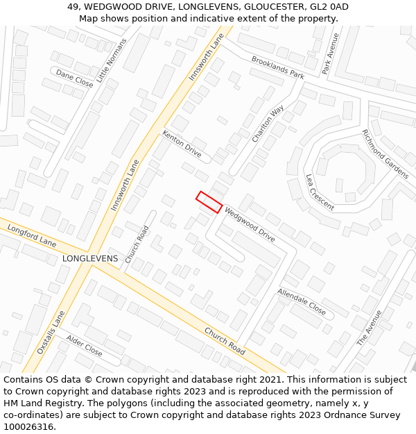 49, WEDGWOOD DRIVE, LONGLEVENS, GLOUCESTER, GL2 0AD: Location map and indicative extent of plot