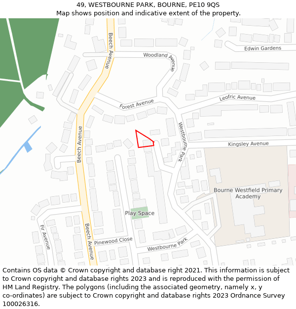 49, WESTBOURNE PARK, BOURNE, PE10 9QS: Location map and indicative extent of plot