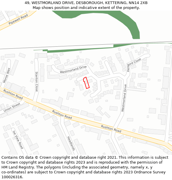 49, WESTMORLAND DRIVE, DESBOROUGH, KETTERING, NN14 2XB: Location map and indicative extent of plot