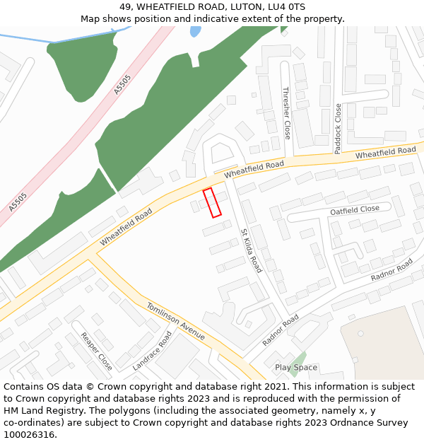 49, WHEATFIELD ROAD, LUTON, LU4 0TS: Location map and indicative extent of plot
