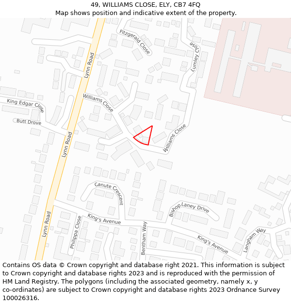 49, WILLIAMS CLOSE, ELY, CB7 4FQ: Location map and indicative extent of plot