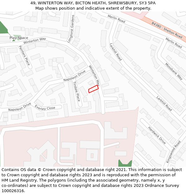 49, WINTERTON WAY, BICTON HEATH, SHREWSBURY, SY3 5PA: Location map and indicative extent of plot