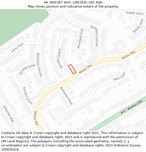 49, WOLSEY WAY, LINCOLN, LN2 4QH: Location map and indicative extent of plot