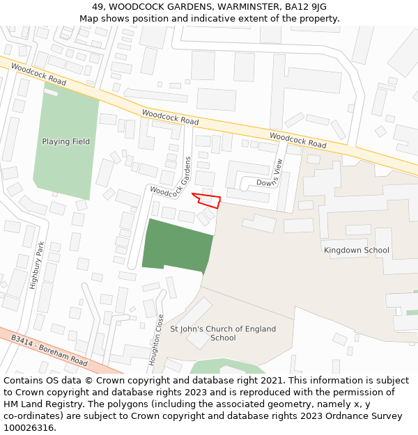 49, WOODCOCK GARDENS, WARMINSTER, BA12 9JG: Location map and indicative extent of plot