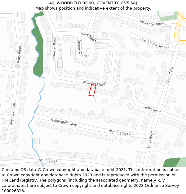 49, WOODFIELD ROAD, COVENTRY, CV5 6AJ: Location map and indicative extent of plot