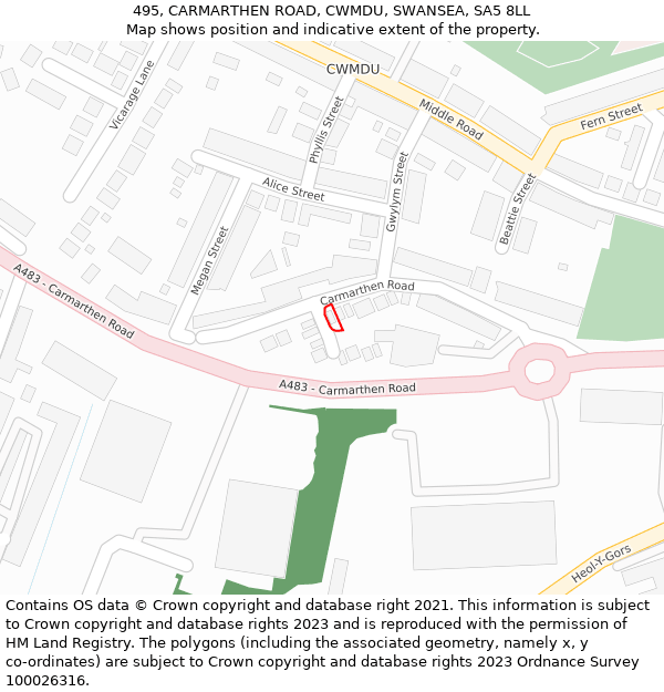 495, CARMARTHEN ROAD, CWMDU, SWANSEA, SA5 8LL: Location map and indicative extent of plot