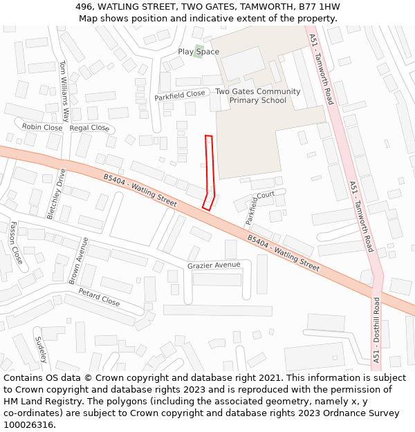 496, WATLING STREET, TWO GATES, TAMWORTH, B77 1HW: Location map and indicative extent of plot