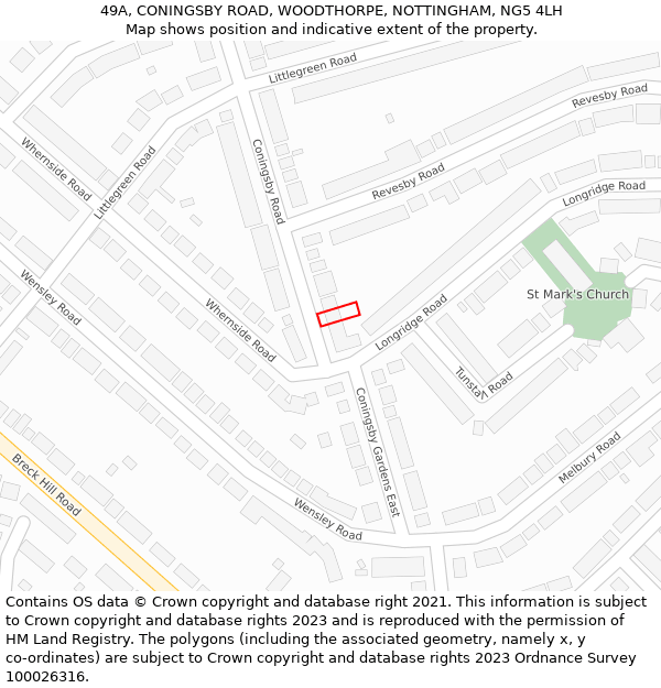 49A, CONINGSBY ROAD, WOODTHORPE, NOTTINGHAM, NG5 4LH: Location map and indicative extent of plot