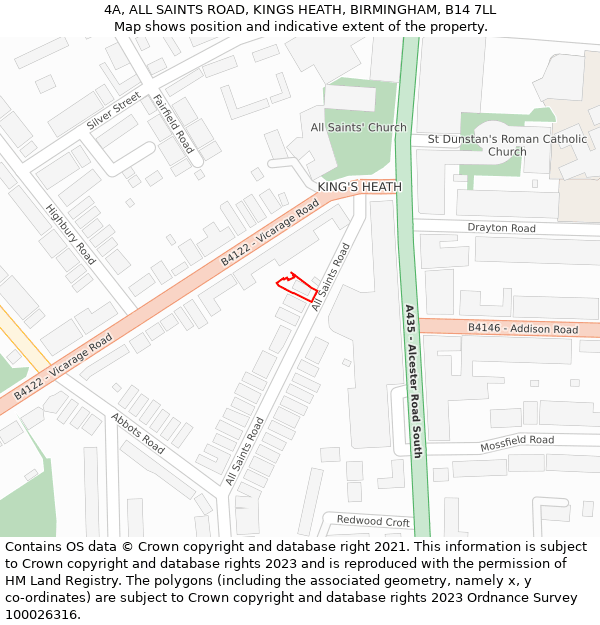 4A, ALL SAINTS ROAD, KINGS HEATH, BIRMINGHAM, B14 7LL: Location map and indicative extent of plot