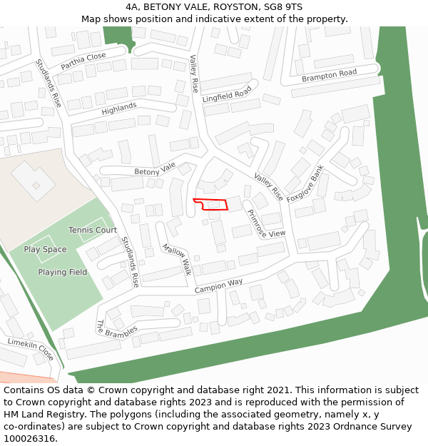 4A, BETONY VALE, ROYSTON, SG8 9TS: Location map and indicative extent of plot