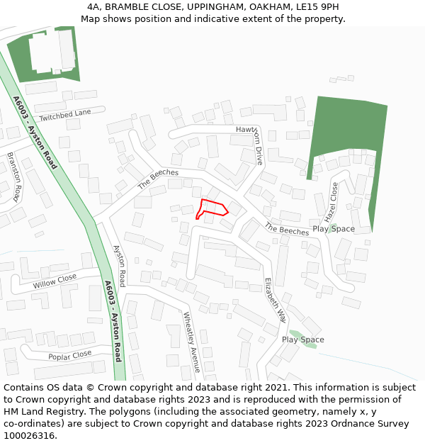 4A, BRAMBLE CLOSE, UPPINGHAM, OAKHAM, LE15 9PH: Location map and indicative extent of plot