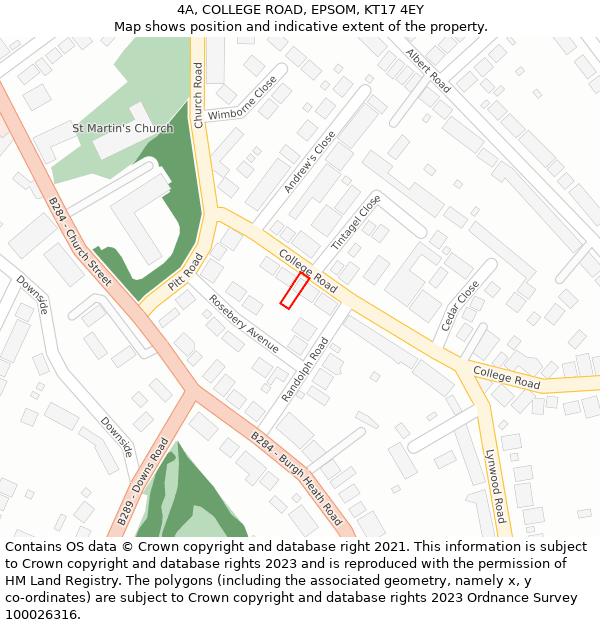 4A, COLLEGE ROAD, EPSOM, KT17 4EY: Location map and indicative extent of plot