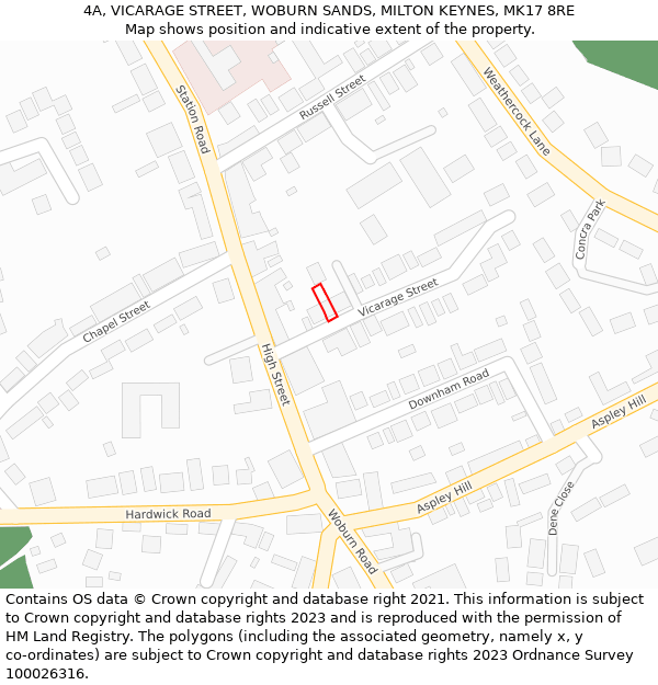 4A, VICARAGE STREET, WOBURN SANDS, MILTON KEYNES, MK17 8RE: Location map and indicative extent of plot